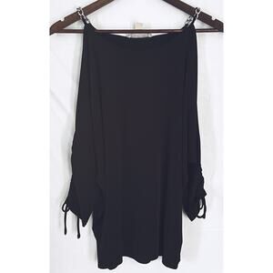 Michael Kors Small Black Cold Shoulder Silver Chain Straps Gathered Sleeve Top